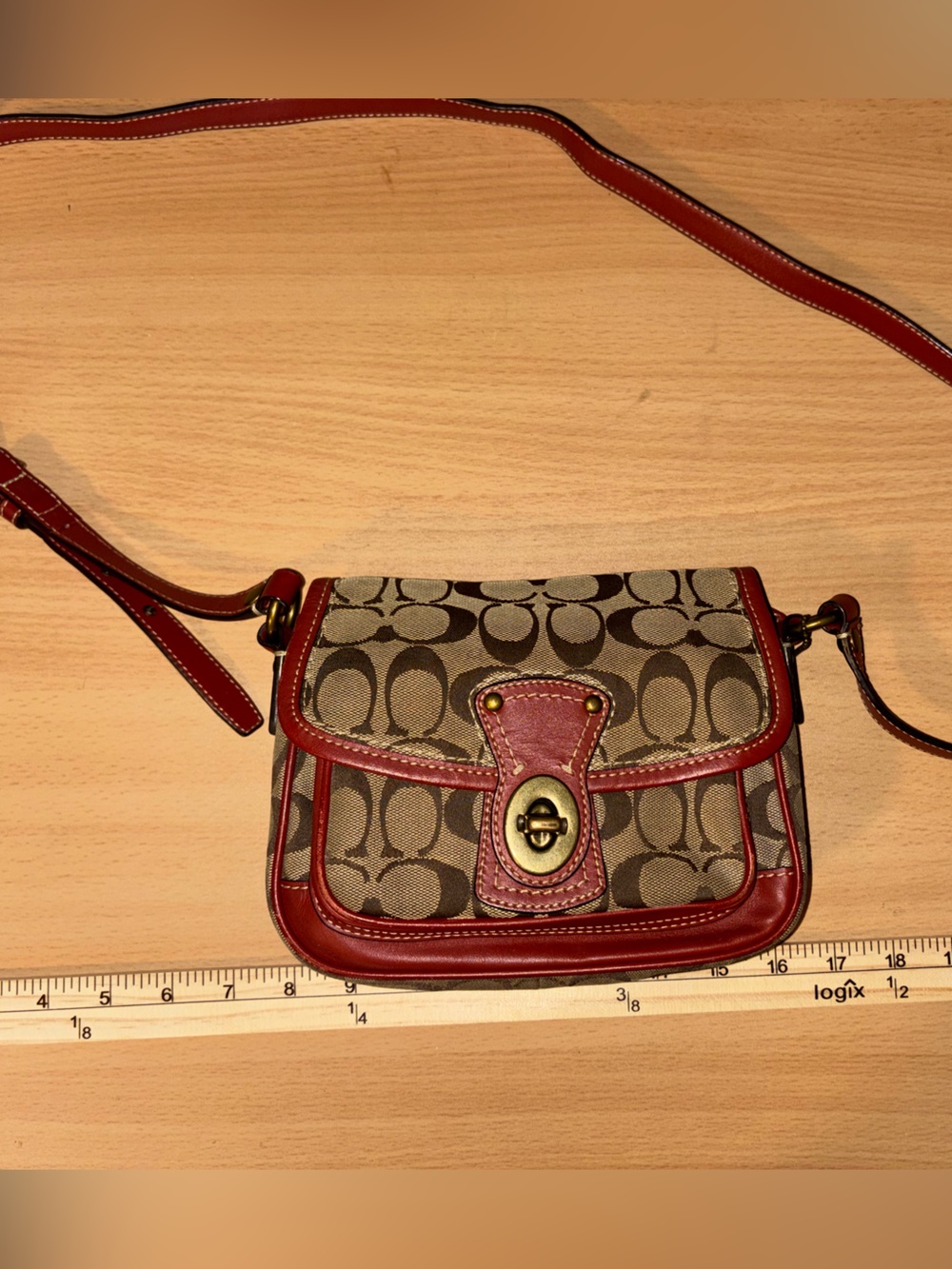 Vintage Coach Brown Signature Canvas Crossbody with Red Leather Trim